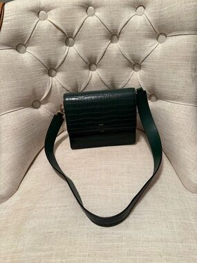Dark Green Croc-Embossed Leather Shoulder Bag